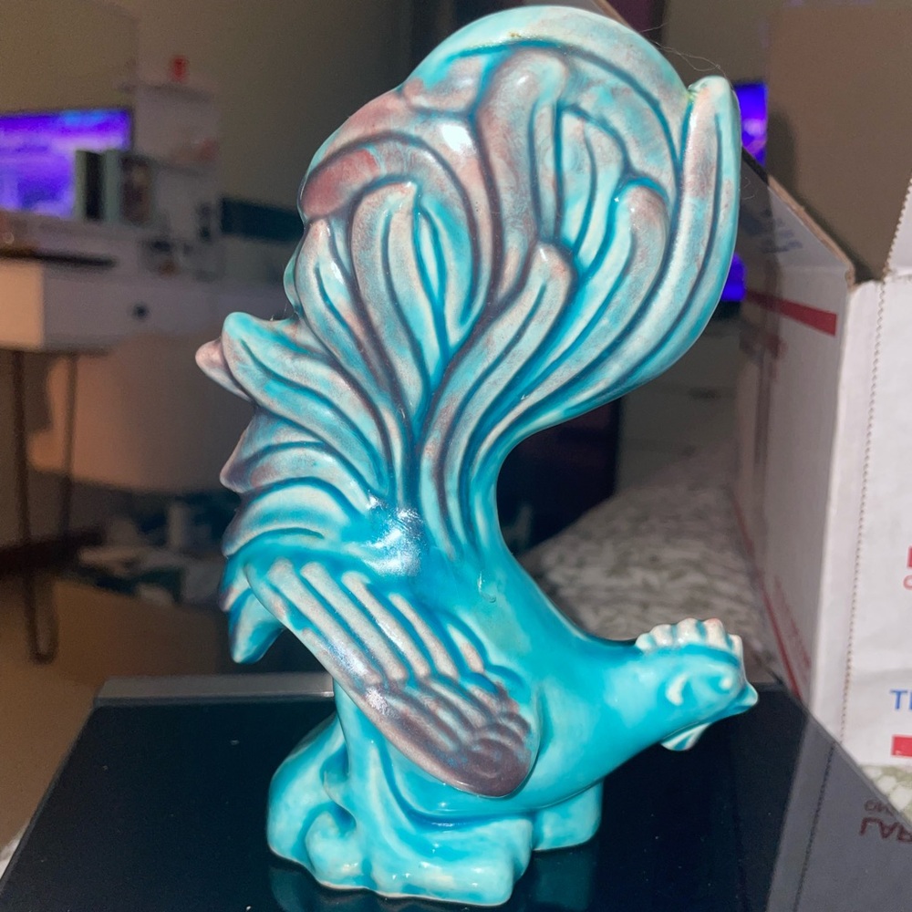 MCM Ceramic Blue And Purple Glazed Fighting Rooster - Open Top, Possibly A Vase